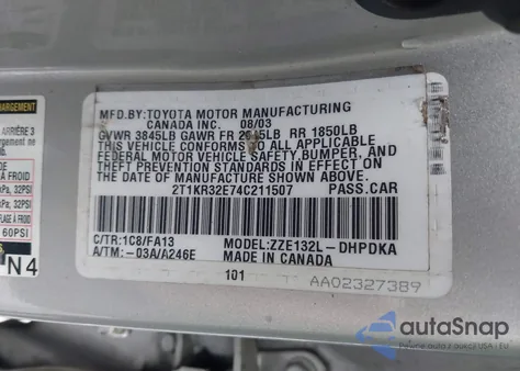 2004 Toyota Matrix Std z USA, uszkodzony, nr VIN 2T1KR32E74C211507